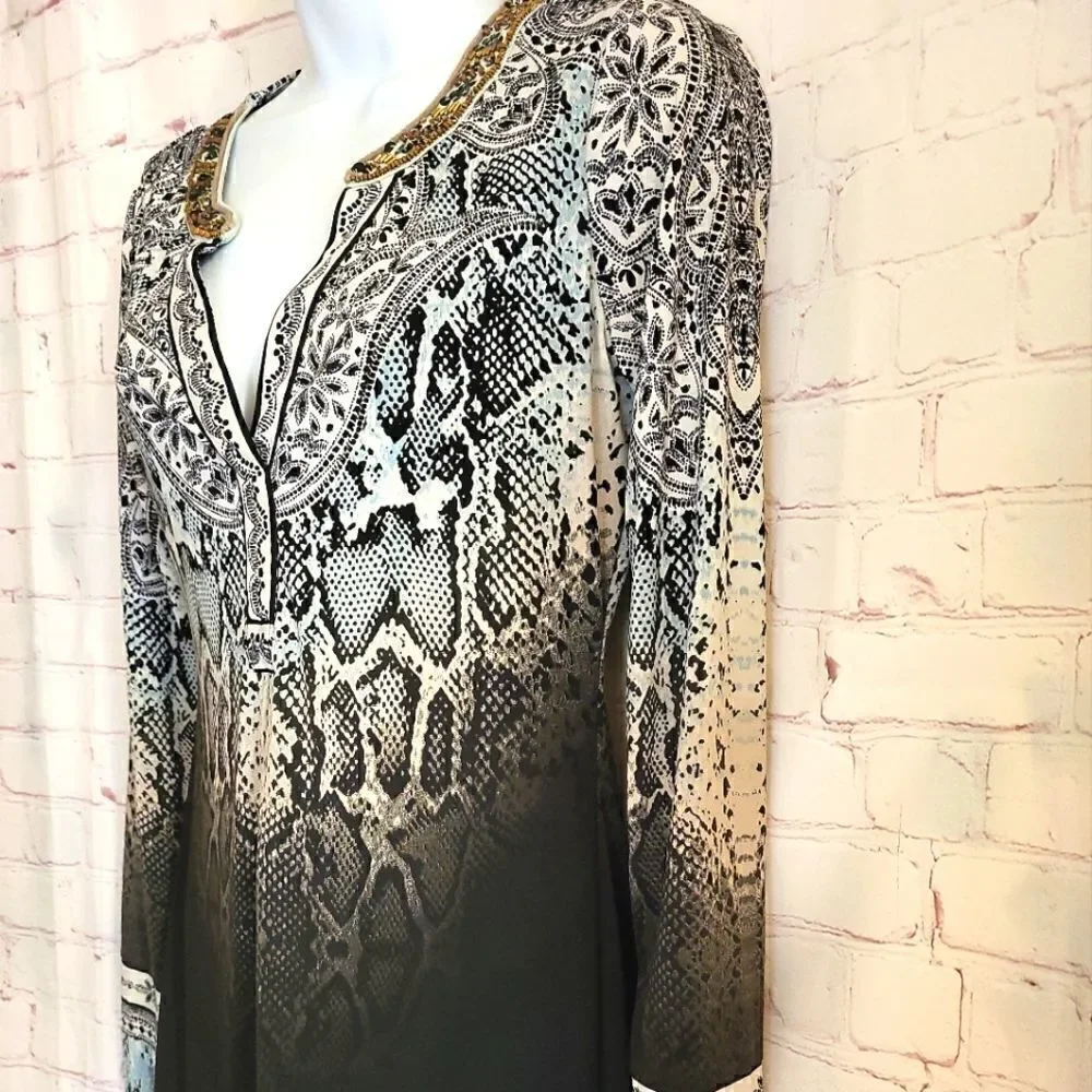 New Hale Bob Paisley Print Jersey Shift Dress Long Sleeve sz.XS ret.$216